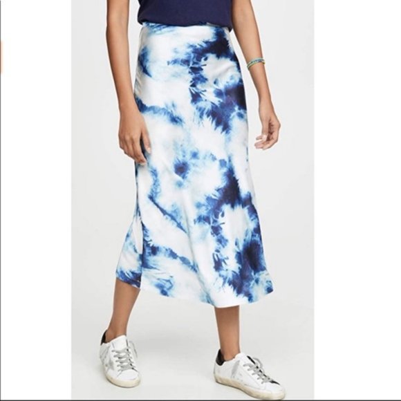 NWT Womens Lioness Off-White Blue Tie Dye Satin Midi Skirt Size S * - Picture 1 of 13